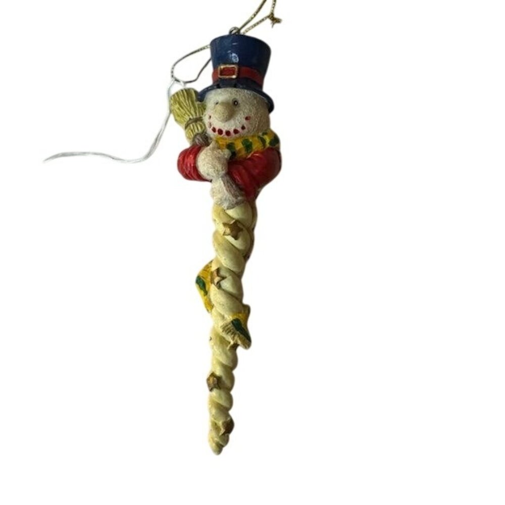 Handmade Snowman Icicle Christmas Ornament With Broom & Scarf
